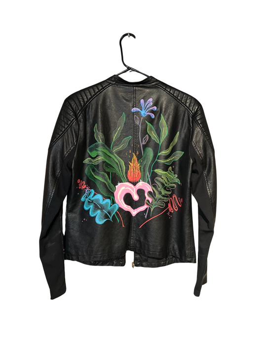 Hand painted, upcycled faux leather moto jacket